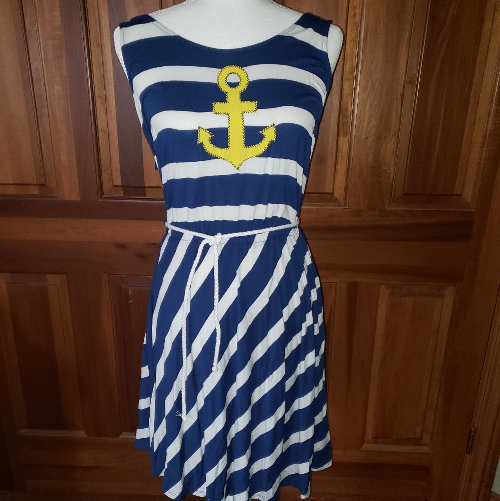 Misses sz M Sperry Nautical Anchor Dress Navy white Stripe Casual Summer Dress
